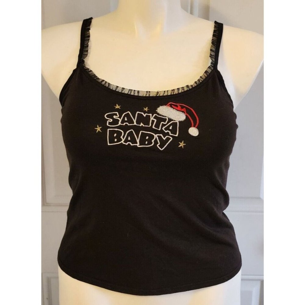 Susan Lucci Women's Sleeveless Ruffle Camisole Top Embroidered "Santa Baby" Sz L